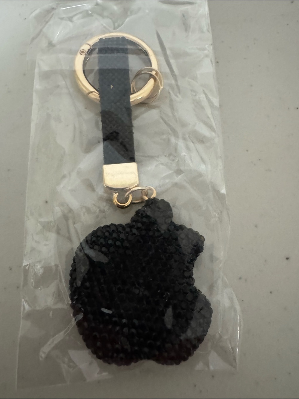 Black Rhinestone Apple Keychain with Gold Ring